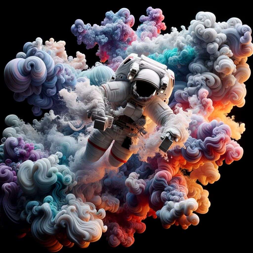 an astronaut made of very detailed curling wispy glowing multicolored smoke, digital art, volumetric, 3D render, Octane render